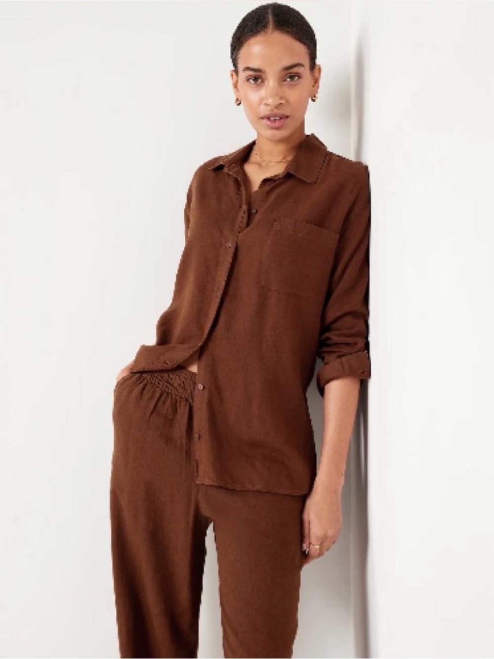 Women's Brown Linen Shirt & Pants Set